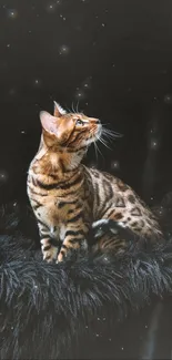 Bengal cat sitting on black fur blanket with a dark background.