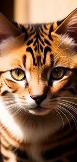 Portrait of a Bengal cat with striking golden fur and vivid stripes.