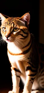 A Bengal cat sitting gracefully with sleek patterns in warm lighting.