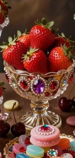Luxury wallpaper with jewel-encrusted dessert bowls and vibrant strawberries.