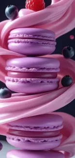 Pink macarons and cream with berries wallpaper.