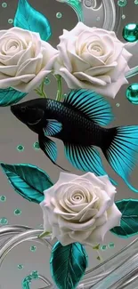 Elegant betta fish swimming with white roses and turquoise accents in a stylized design.