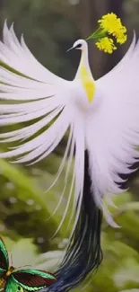 Artistic white bird with butterfly in lush green forest setting.