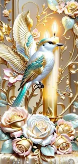 Beautiful art of a bird with flowers and golden accents for phone wallpaper.