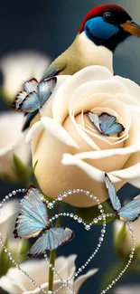 Colorful bird with butterflies on a white rose, enhanced by diamond heart outlines.