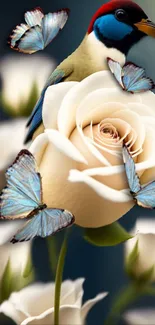 Colorful bird on white rose with blue butterflies.