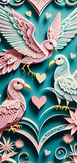 Artful wallpaper with birds and floral designs on a teal backdrop.