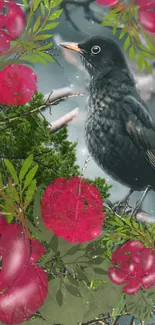 Black bird surrounded by red flowers and green leaves.