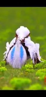 White bird with blue markings in a green field.