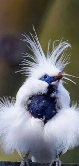 Elegant white bird with striking feathers against dark backdrop.