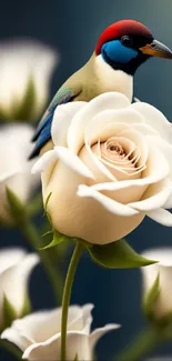 A colorful bird perched on a white rose.