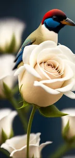 A colorful bird perched on a white rose.