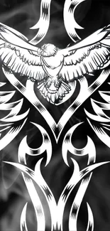 Intricately designed bird tattoo in black and white on mobile wallpaper.