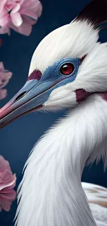 White bird with pink blossoms on a navy background.