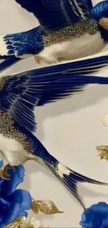 Blue birds and flowers on elegant wallpaper design.