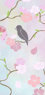 Elegant mobile wallpaper of birds and flowers with pastel colors.