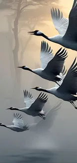 Graceful birds flying in dawn light.