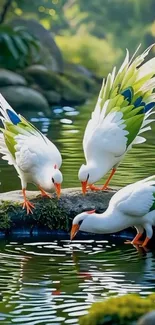 Elegant birds standing by a tranquil pond.