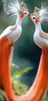 Two elegant fantasy birds with long orange tails.