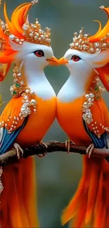 Two orange fantasy birds adorned with jewels on a branch.