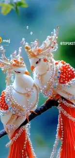 Two elegant birds adorned with pearls on a branch.