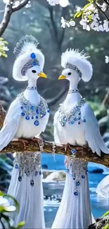 Two elegant white birds adorned with jewels on a flowering branch.