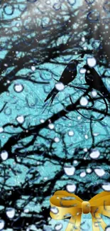 Silhouetted birds on a blue background with water droplets and trees.