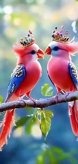 Colorful birds with jeweled crowns on a branch in nature.