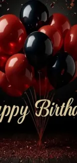 Bunch of red and black balloons with 'Happy Birthday' text on a dark background.