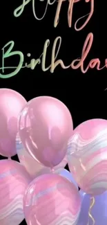 Elegant pastel balloons birthday wallpaper with black background.