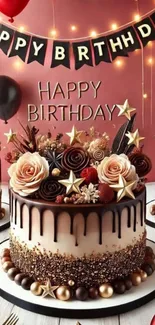 Elegant chocolate drip birthday cake with roses and balloons.