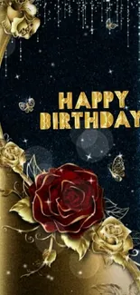 Elegant birthday wallpaper with red rose and golden accents.