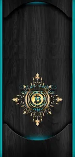 Elegant mobile wallpaper with Bitcoin and teal accents on wood.