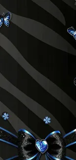 Elegant black and blue wallpaper with butterflies.