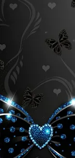 Elegant black and blue mobile wallpaper with sparkling elements and butterflies.