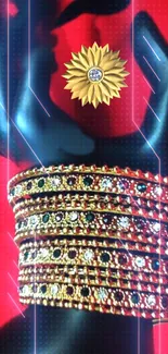 Elegant black hand with gold bangles on vibrant red background.