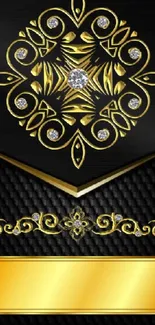 Elegant black and gold wallpaper with diamond accents.