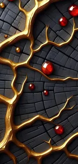 Mobile wallpaper with gold veins and red gems.