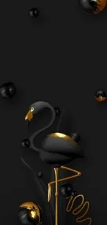 Black and gold flamingo on dark background mobile wallpaper.