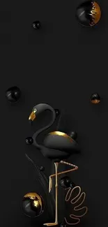 Black and gold flamingo with spheres wallpaper.