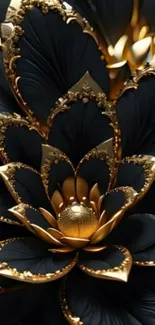 Intricate black and gold floral pattern wallpaper.