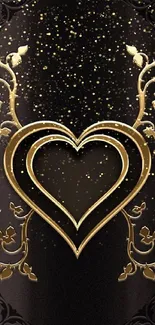 Black and gold heart wallpaper with ornate floral design.