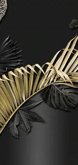 Elegant gold and black tropical leaves wallpaper for mobile.