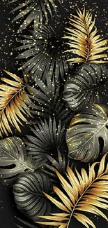 Elegant black and gold leaves wallpaper design.