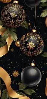 Elegant black and gold ornament wallpaper with festive designs.