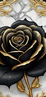 Black and gold rose art with marble background.