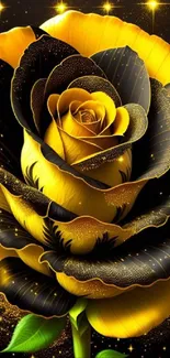 Elegant black and gold rose with glittering effects on a mobile wallpaper.