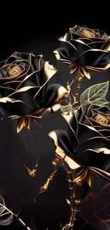 Elegant black and gold roses design wallpaper for mobile device.