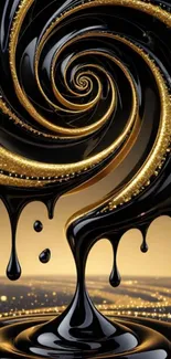 Black and gold swirling liquid wallpaper design.