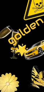 Golden themed wallpaper with car, champagne, and butterfly on black.